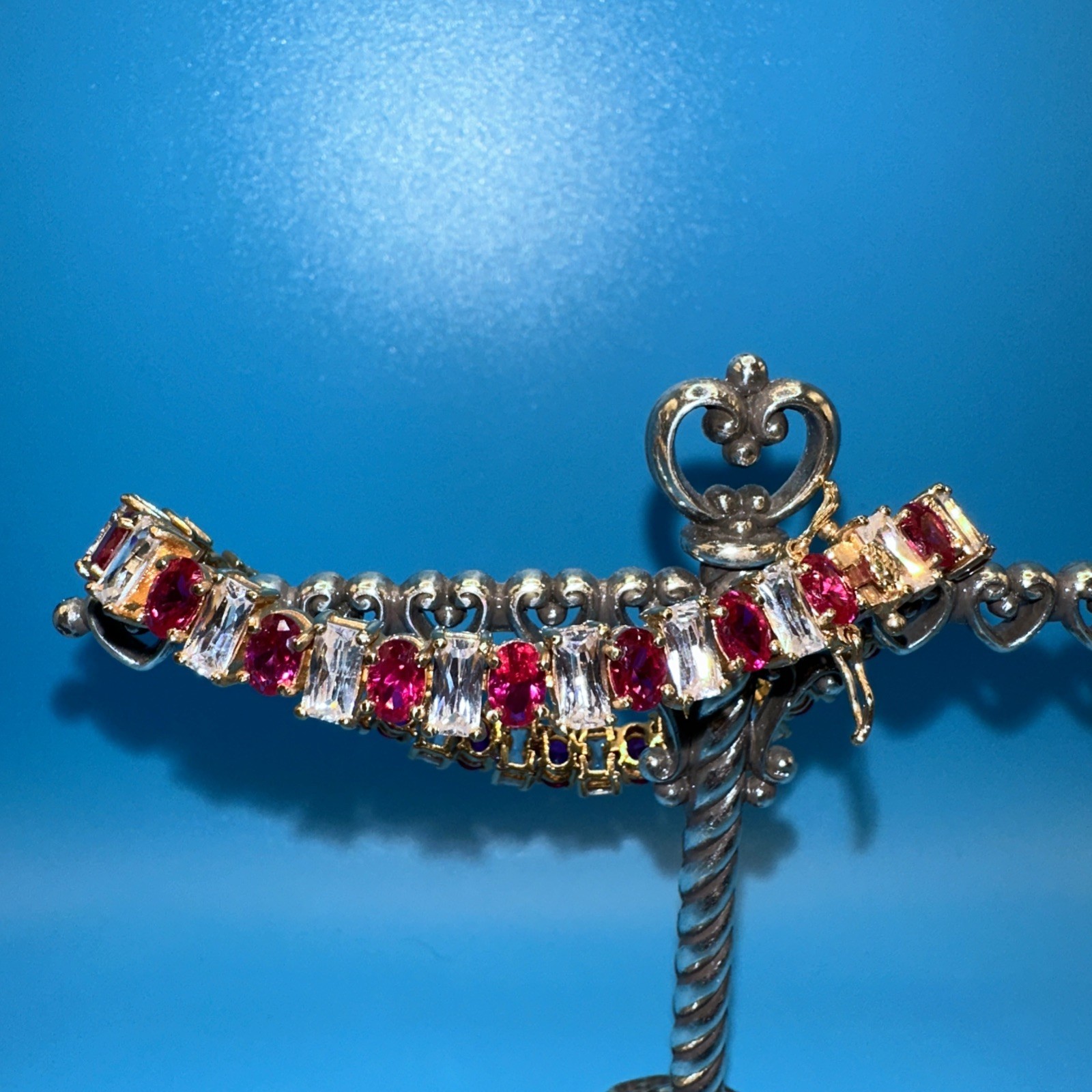 Vintage 925 Sterling Silver Ruby Pink & White CZ Gold Vermeil Bracelet 7.5″ long