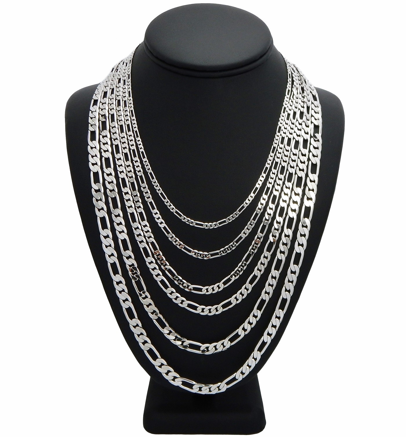 Mens Italian Figaro Link Chain Necklace 3mm to 8mm 14k White Gold Plated