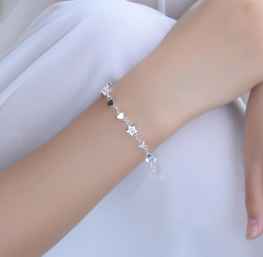Women‘s Silver SP Cubic Zirconia Love Heart & Star Bangle Bracelet