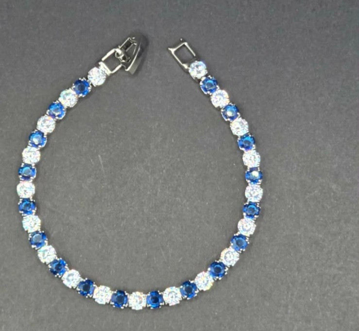 Alternating Blue & Clear Round Cut Stainless Steel Sapphire Tennis Bracelet New