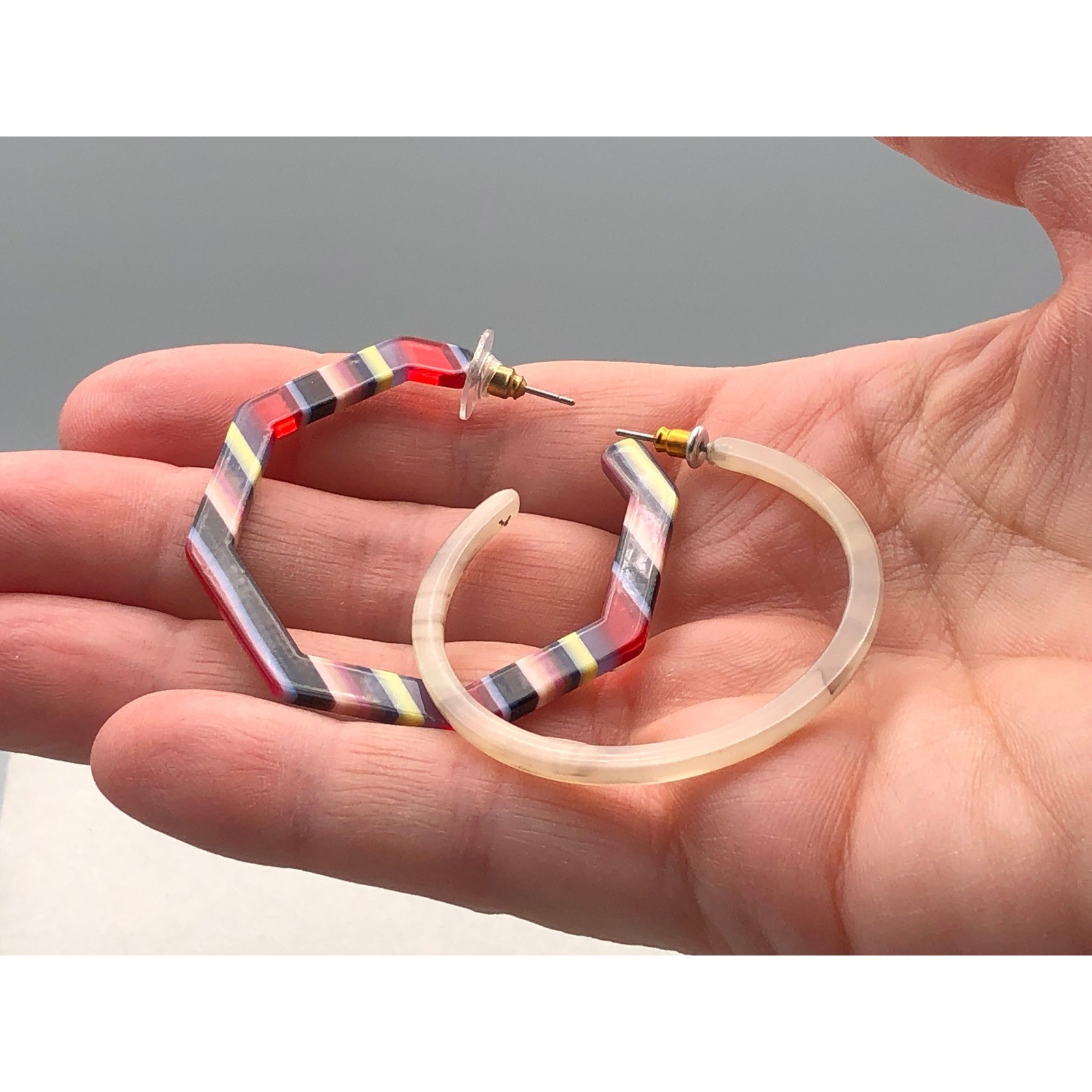 Hoop Earrings Set Multicolor Striped Octagon Cream Marbled Acrylic Resin
