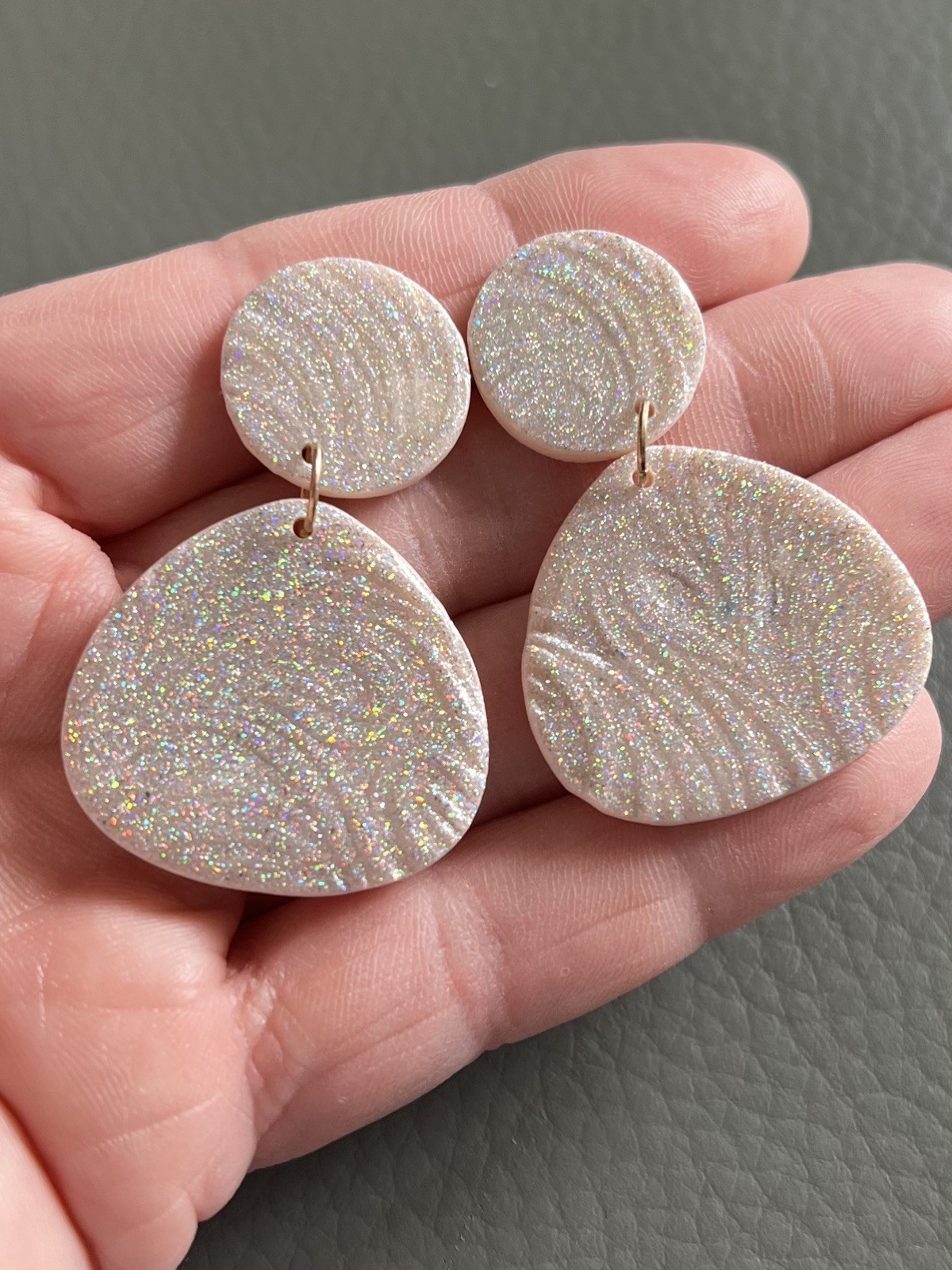 Cream Glitter Polymer Clay Earrings – Sparkly Statement Earrings – Resin Finish