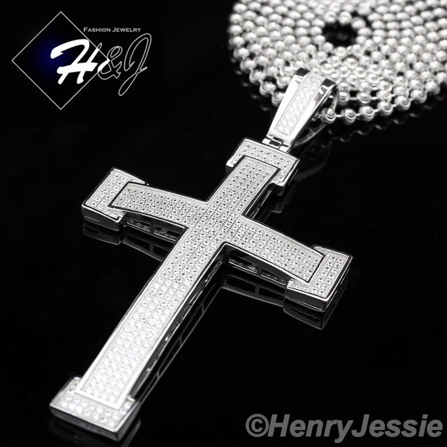 20″24″30″MEN 925 STERLING SILVER 3MM MOON CUT BEAD CHAIN ICY CZ CROSS PENDANT*15