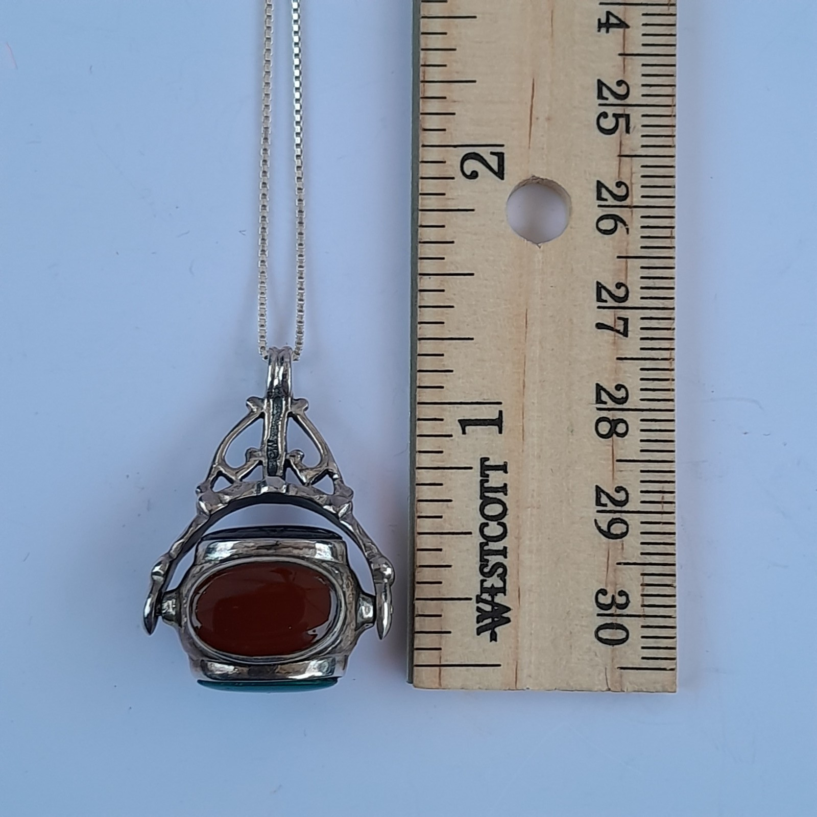 Vtg Sterling Silver Four-Sided Spinner Fob Pendant Necklace Red Black Stone 925