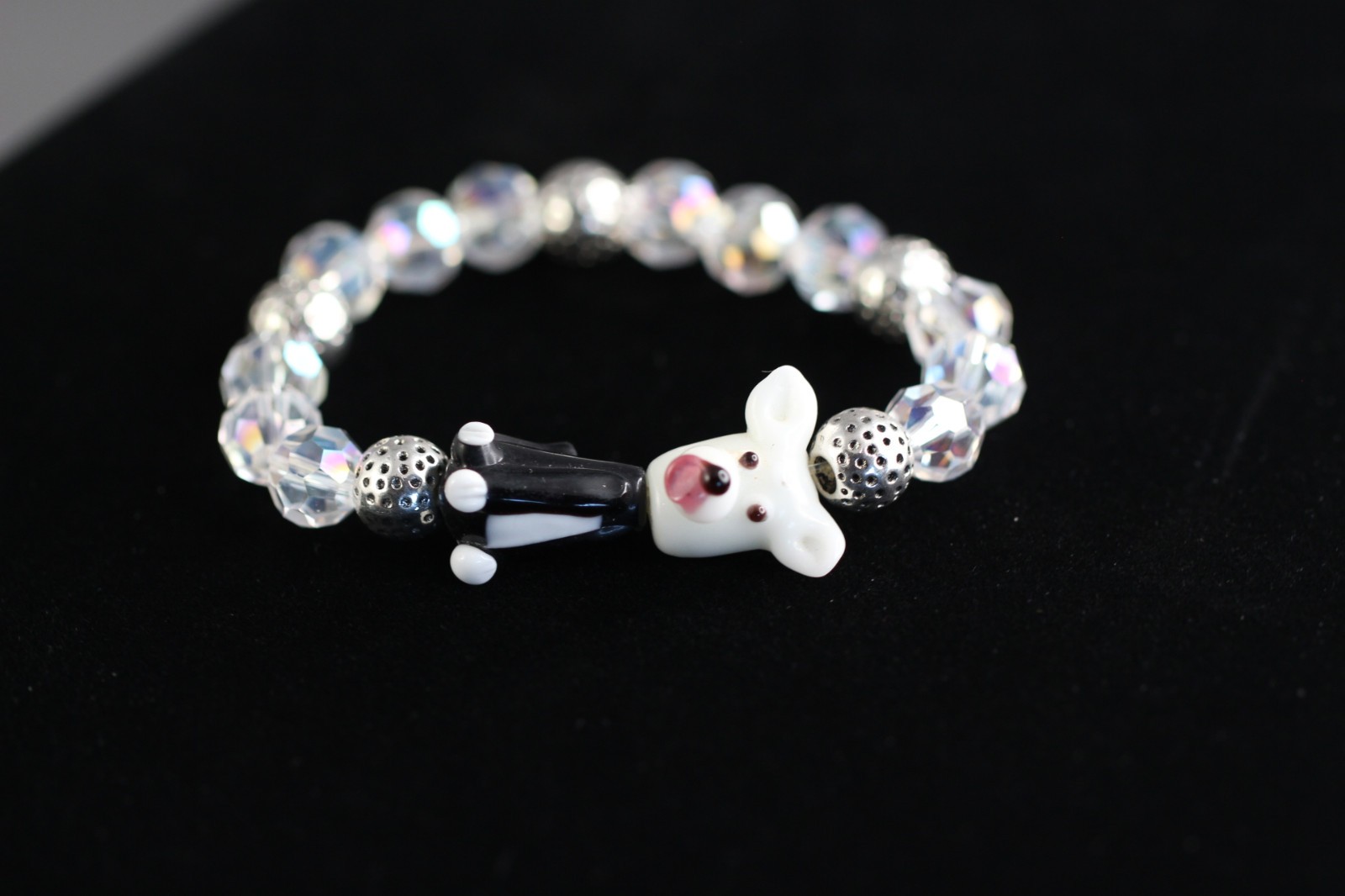 Dog Bracelet Black Lampwork 6.5″ inch Elastic Glass Beads 10mm Faceted Crystal