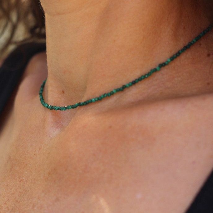 2mm Malachite Choker Natural Green Stone Facted Necklace Healing Reiki Gift