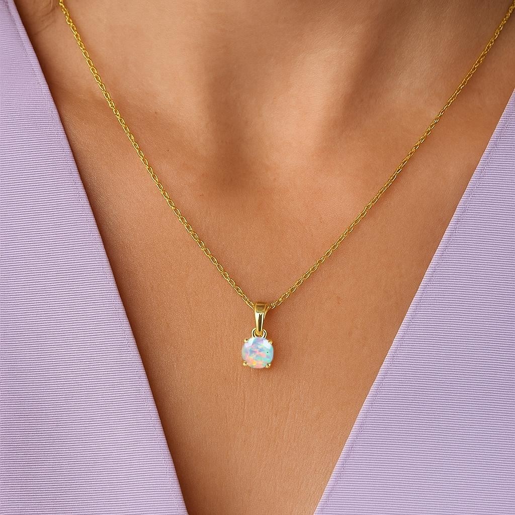 Fire White Opal Round Gemstone Pendant Necklace, Ethiopian Opal Gemstone Gold