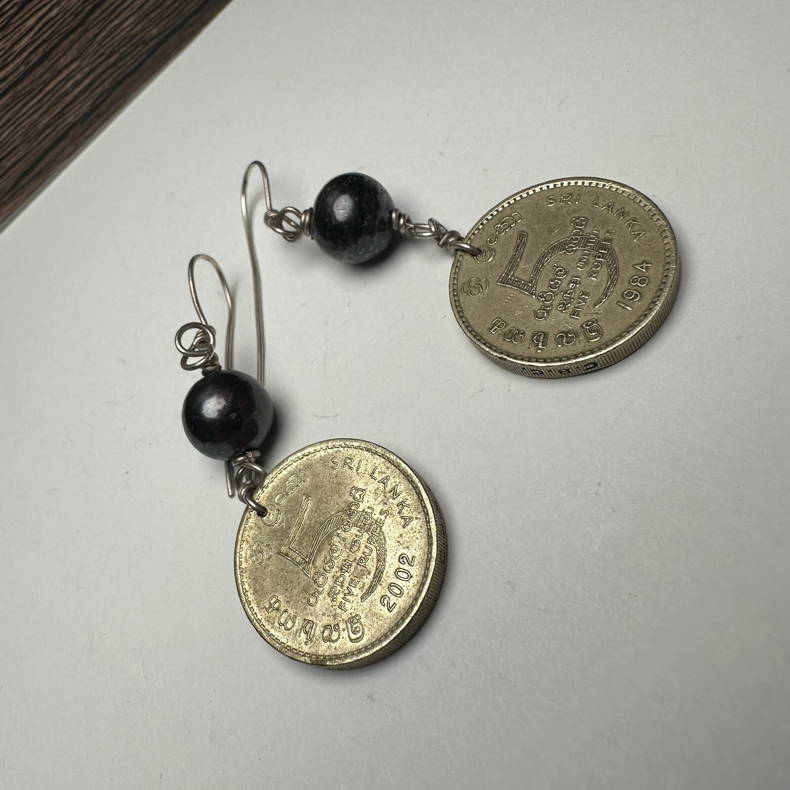 Sri Lanka 5 Rupees Coin Beaded Dangle Drop Pierced Earrings