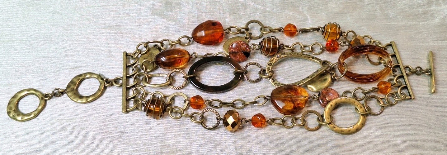 Premier Designs Hammered Bronzetone Faux Amber Bead Wide 5-Chain Toggle Bracelet