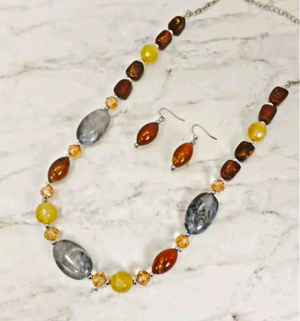 Multicolor Neutral Bead Necklace Earring Set Brown Beige Gray Statement jewelry