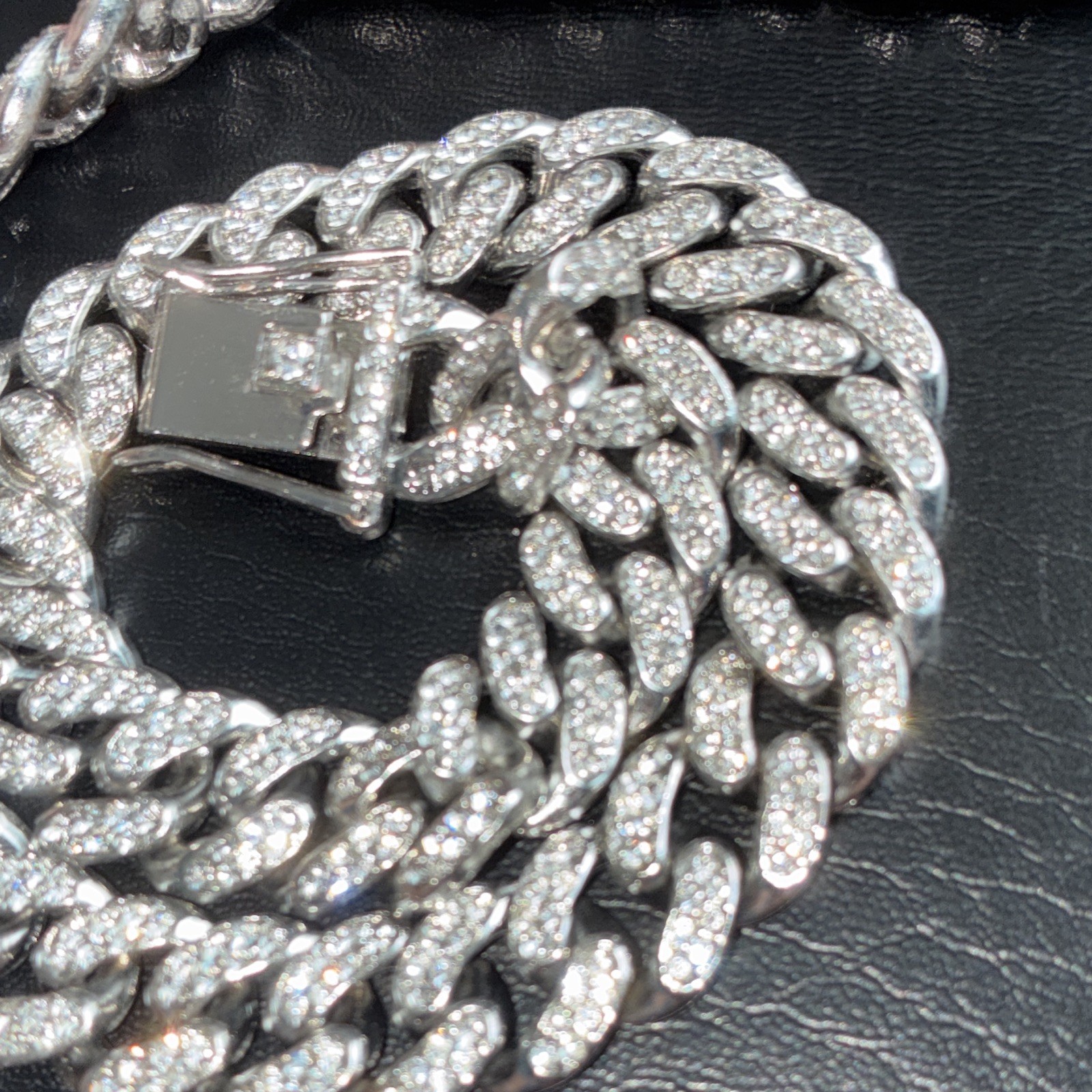 Silver plated Iced Out Cuban Link Chain w/ Box Clasp 16 inch choker. Brass