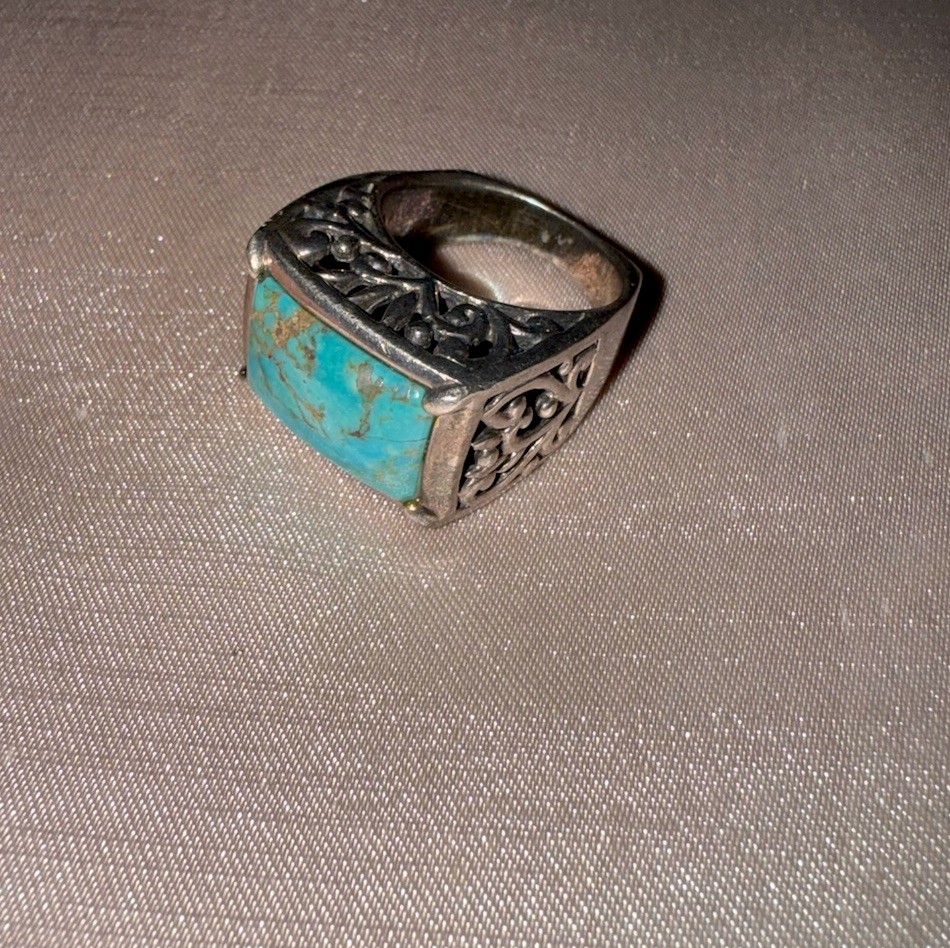 Silver Signet Ring Size 8.5 Rectangular Blue Turquoise Bezel Set Pre-Owned