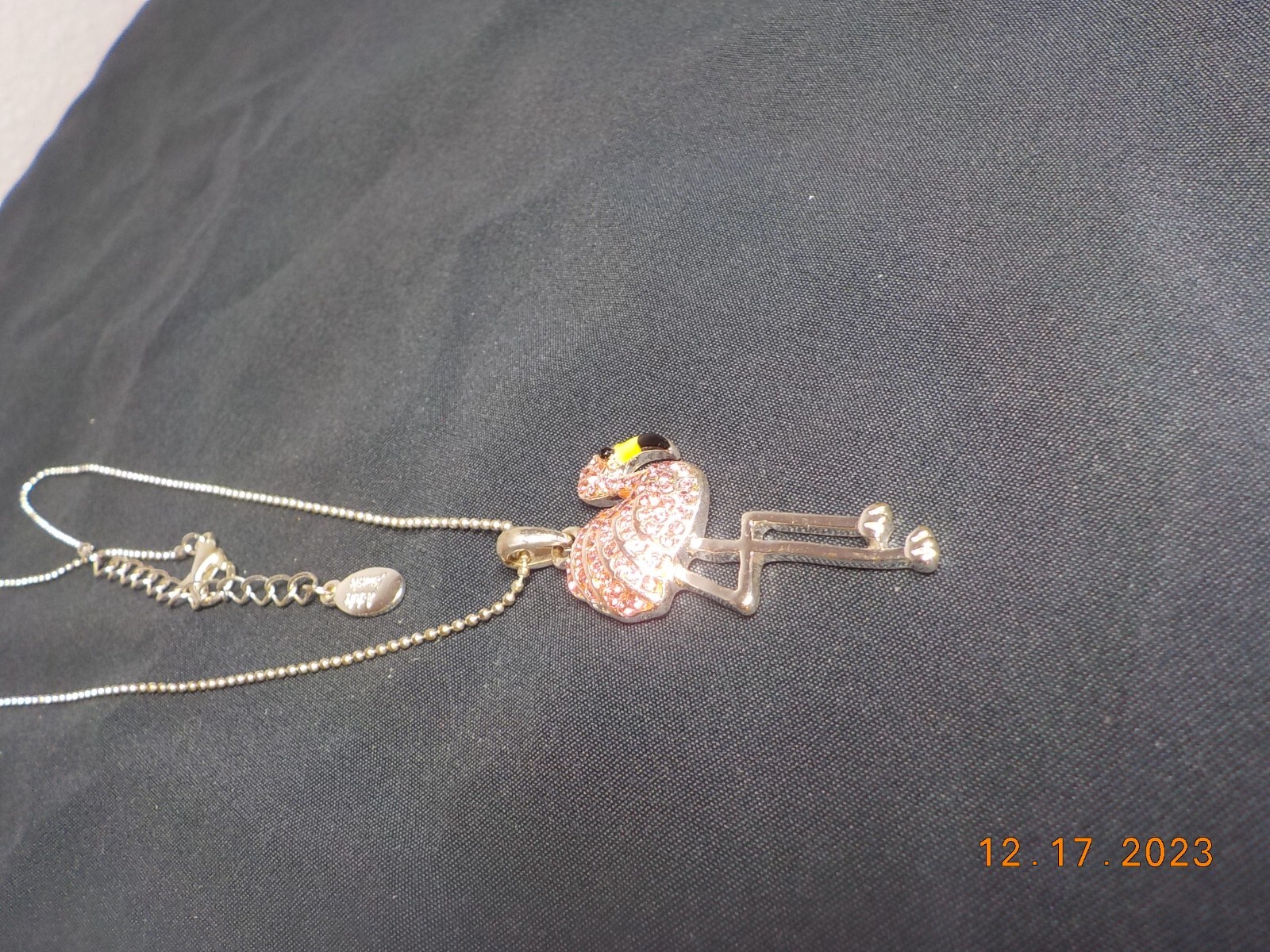 ADULT JEWELS SIGNED PINK RHINESTONE STUDDED FLAMINGO PENDANT ON BALL CHAIN