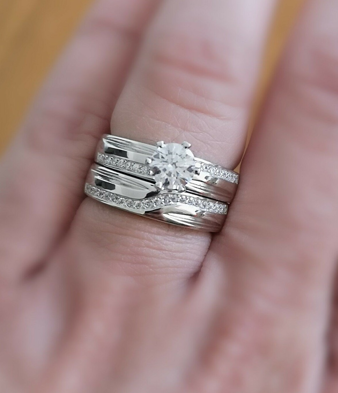 Engagement Ring and Wedding Band Set 14K Gold Plated White Simulated Diamond