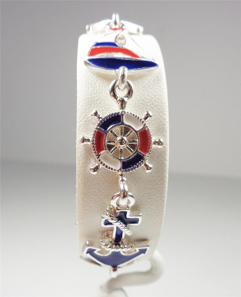 BEACH FASHION NAUTICAL SHIPS WHEEL ANCHOR AND SAILBOAT SEA LIFE RHODIUM BRACELET