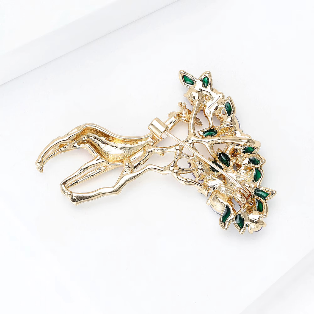 Fall Giraffe Tree Brooch – Vintage Gold Crystal Animal Pin Autumn Jewelry Gift