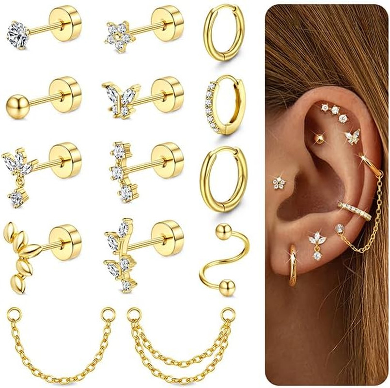Cartilage Earrings for Women – 14K Gold Plated Flat Back Helix Conch Tragus Pier