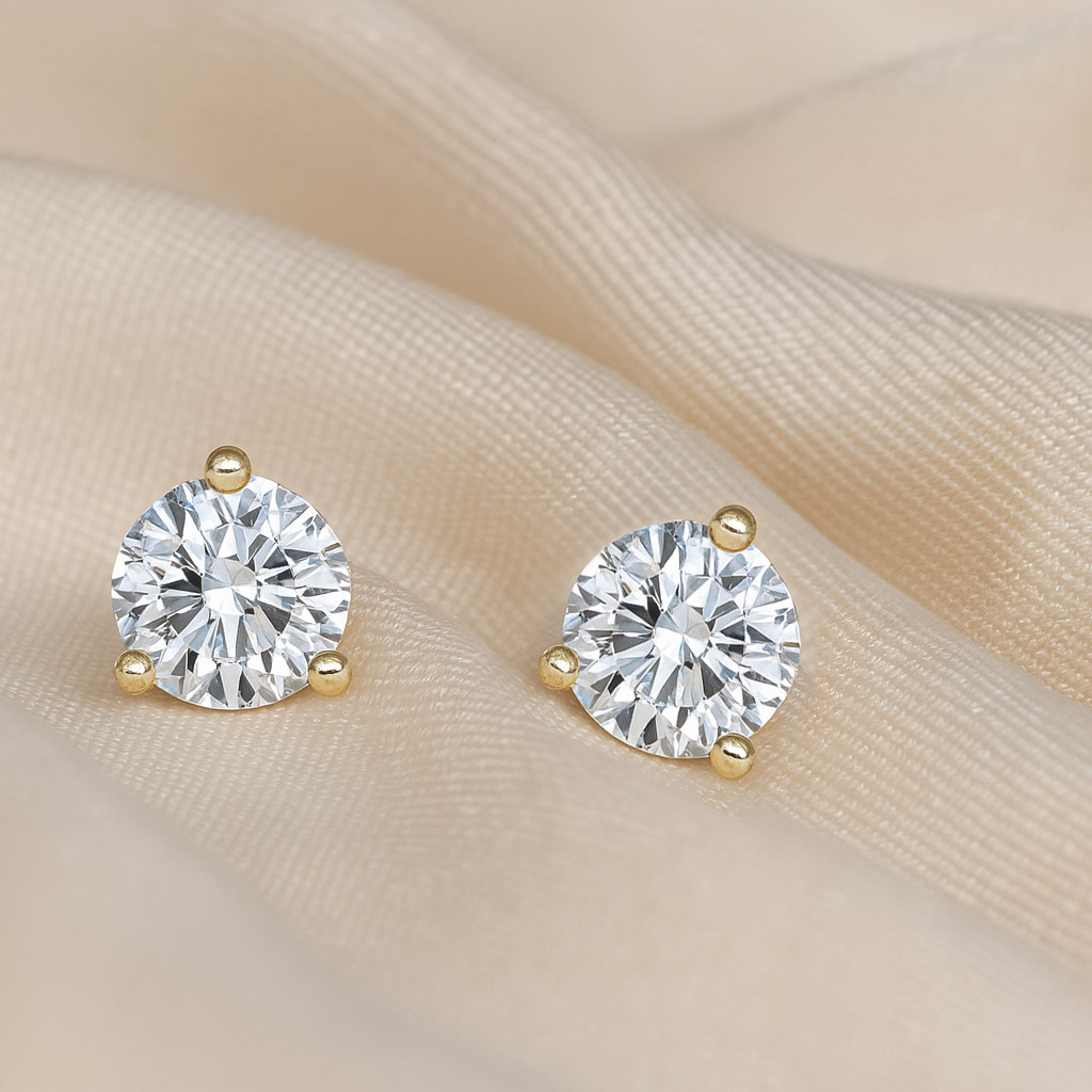 CZ Stud Earrings, 3-Prong Martini, 925 Sterling Silver, 5mm or 6.5mm, 18K Yellow