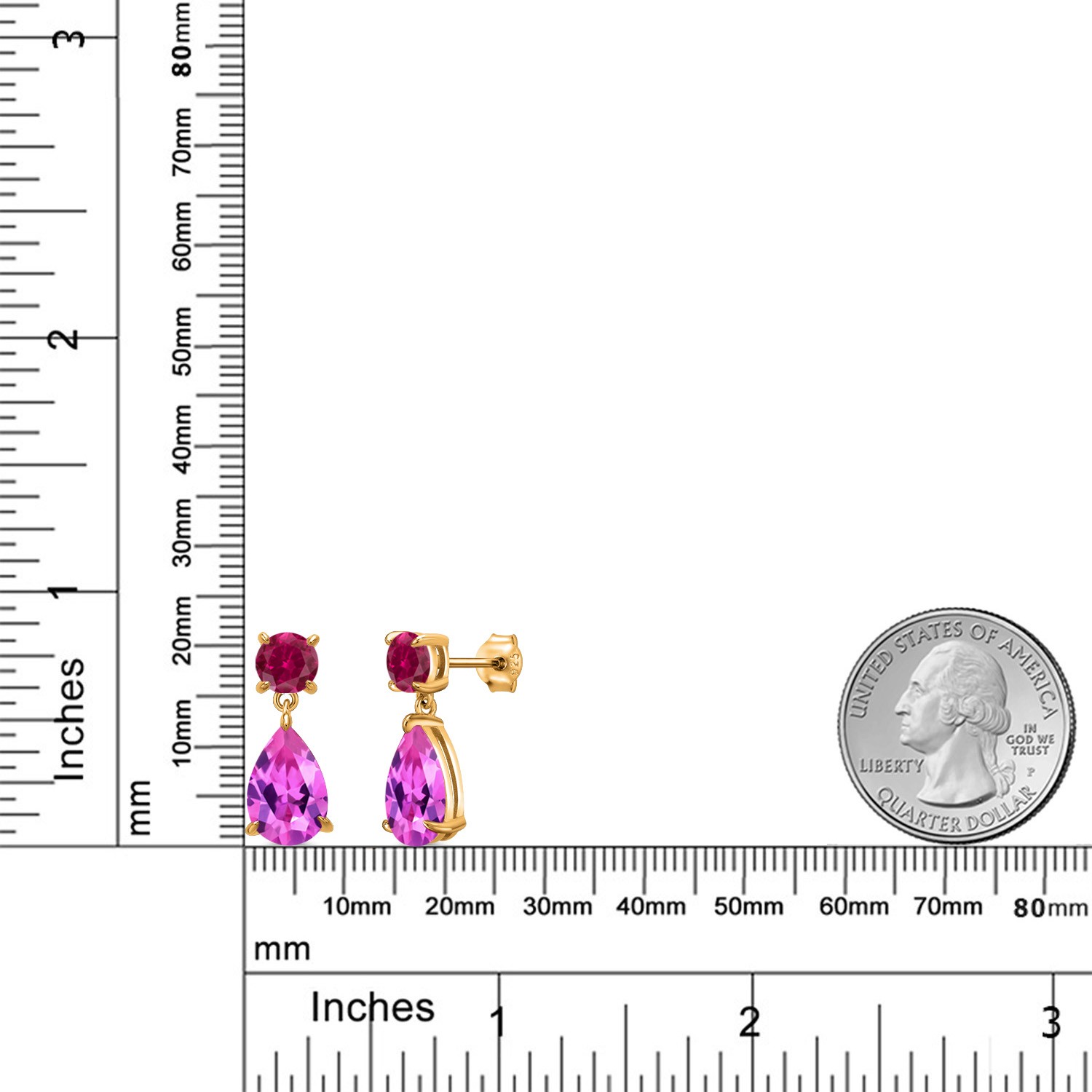 18K Yellow Gold Plated Silver Pink Created Sapphire and Created Ruby Teardrop