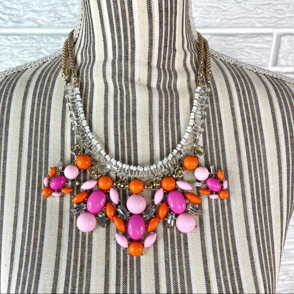 Multicolored Rhinestone and Resin Statement Bib Necklace Pink Orange White Gold