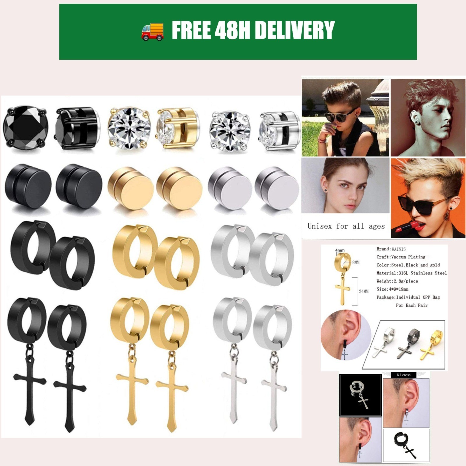 WAINIS 12 Pairs Magnetic Earrings Stainless Steel Non-Pierced Men Women