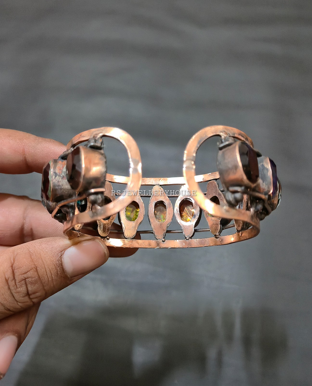 Copper Wire Wrapped Faceted Ammolite Gemstone Cuff Bangle Handmade Jewel Bangle