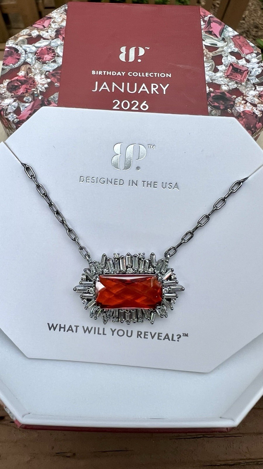 Bomb Party Necklace January 2026 “Glowing Up Glam” Garnet CZ Hematite Plating