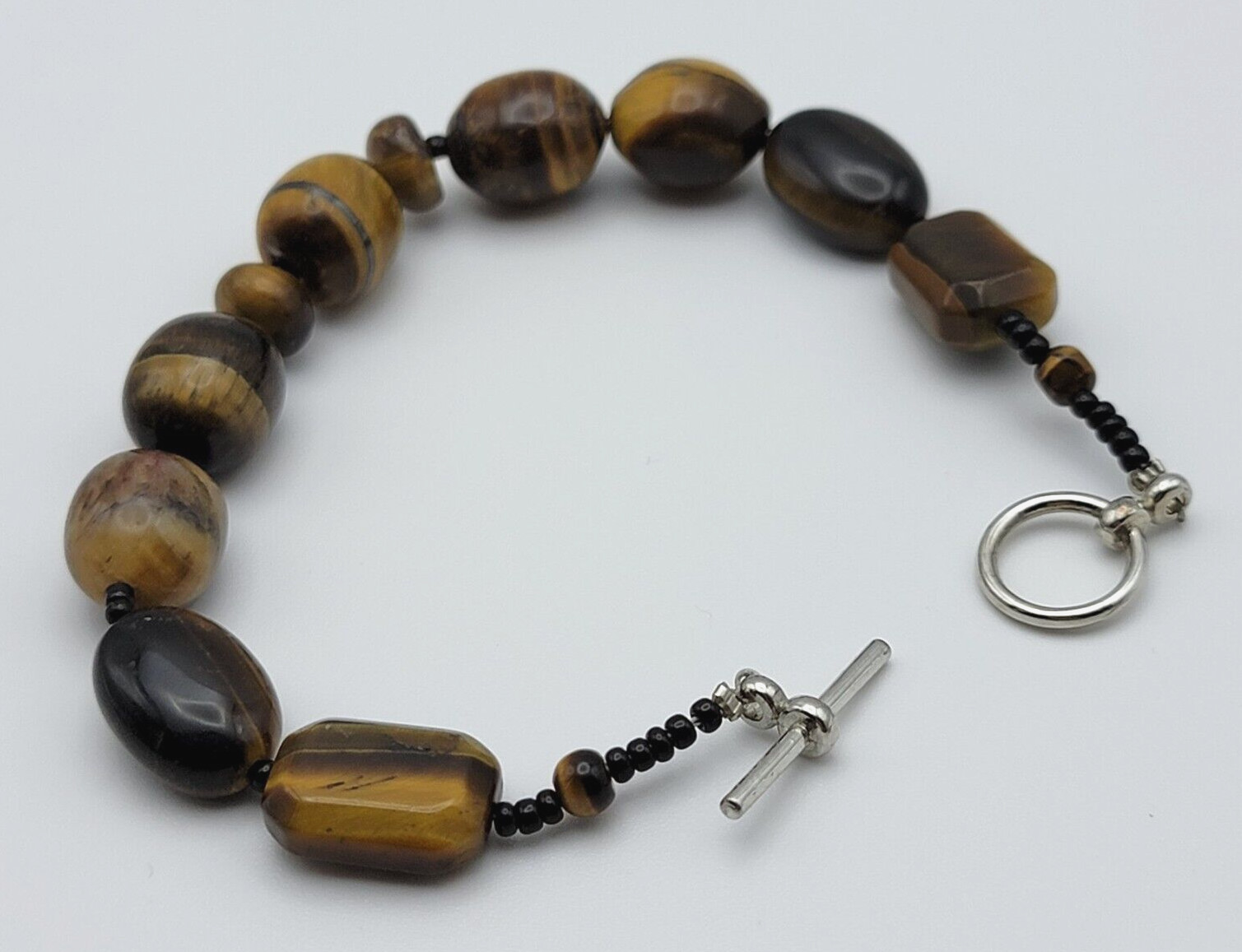 Brown Tiger’s Eye Beaded Toggle Bracelet 8 Inch Silver Plated Boho Unisex Adults