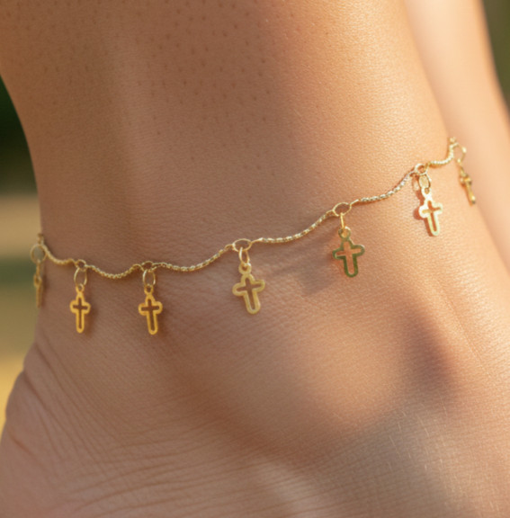 Gold Tone Multi Cross Designer Anklet | 18K Gold Plated Brass Chain Anklet