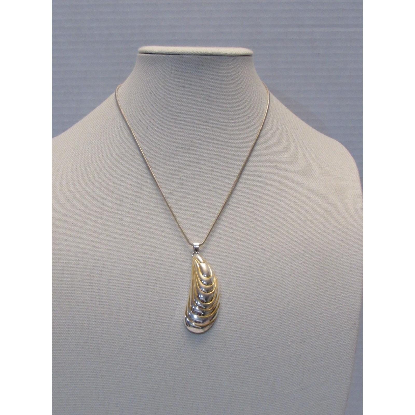 Two Tone Silver Gold Sculptural Shell Pendant Snake Chain Necklace Modernist