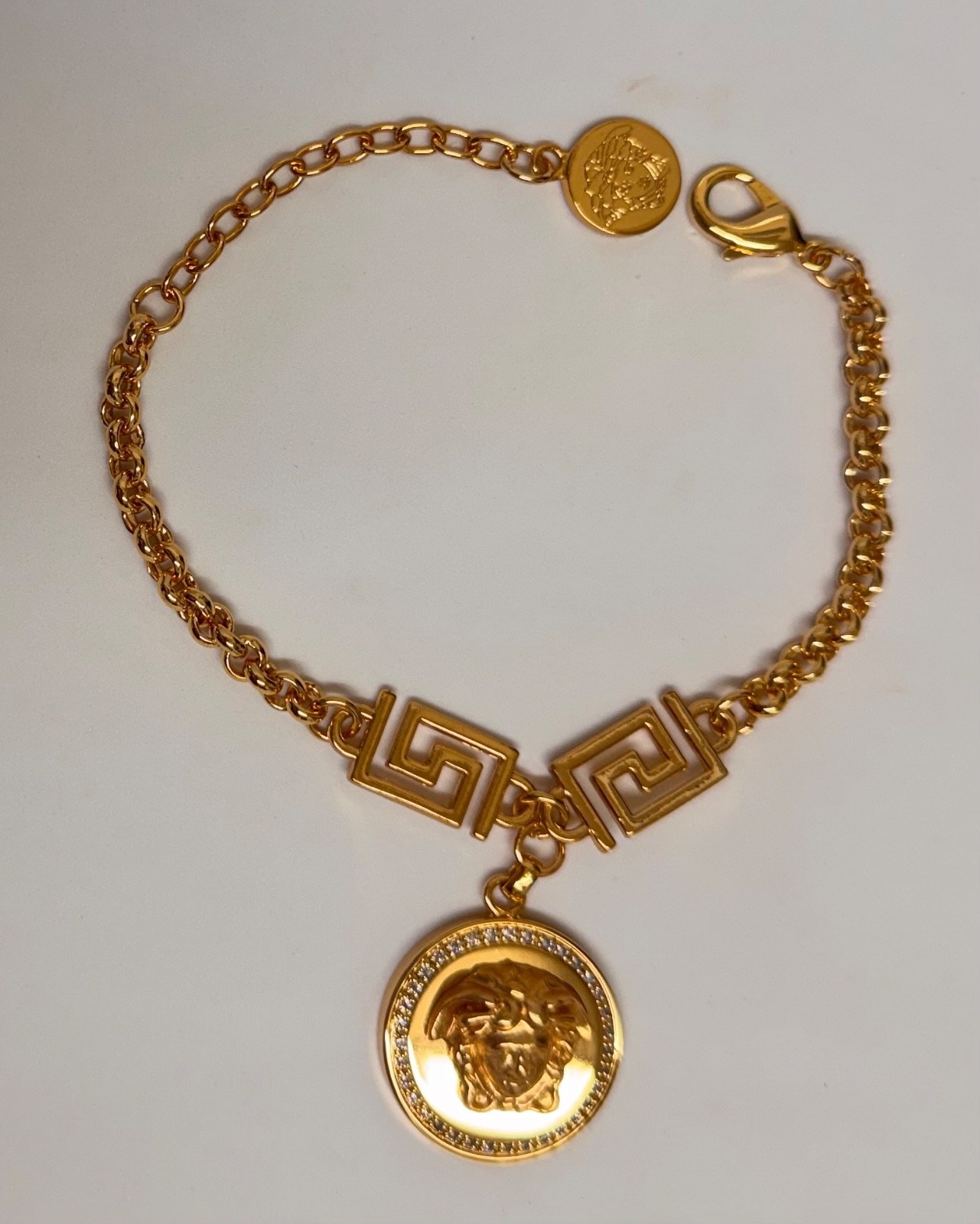 Versace Medusa Gold Tone Chain Bracelet Greca Charm # 563