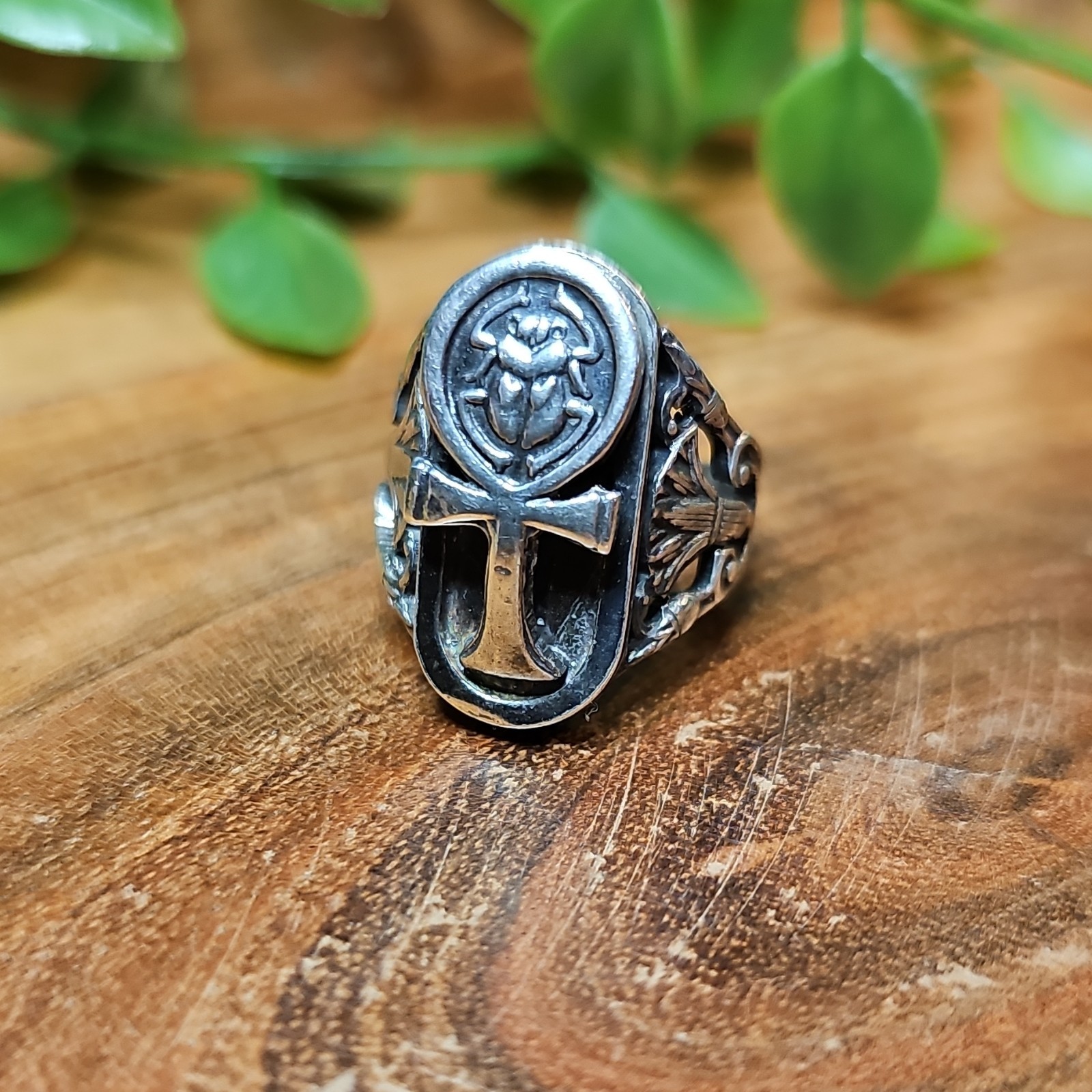 Sterling Silver Scarab Ankh Ring Egyptian Mythology Filigree Statement Sz 6.5