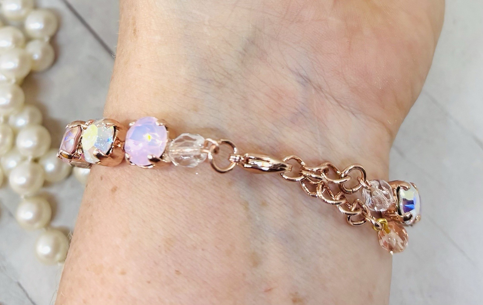 Rose Gold Plated Light Pink Dusty Rose Crystal Cup Chain Tennis Bracelet