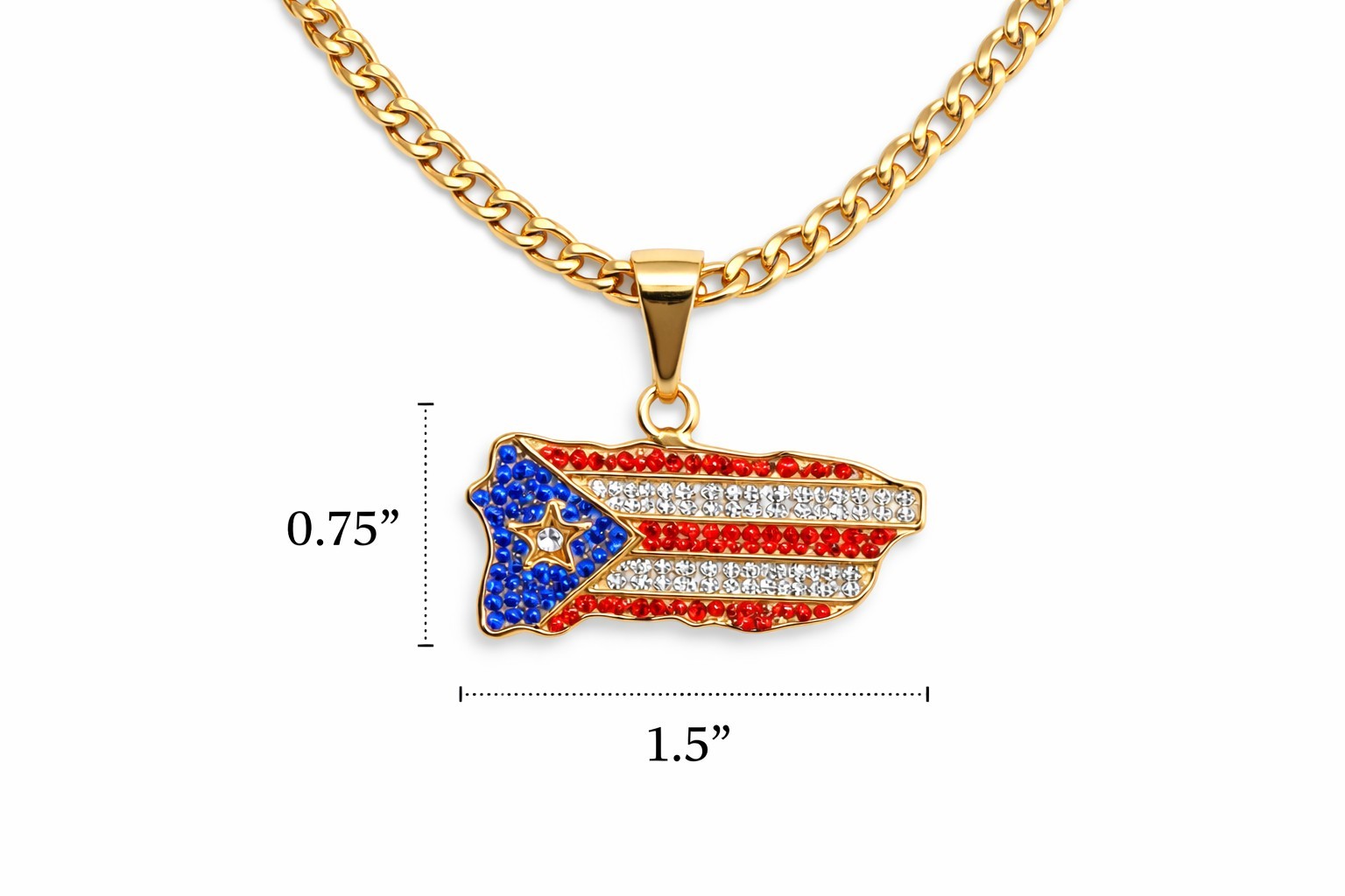 Puerto Rico Gold Plated Stainless Steel 24″ Chain 6mm Necklace Flag Pendant