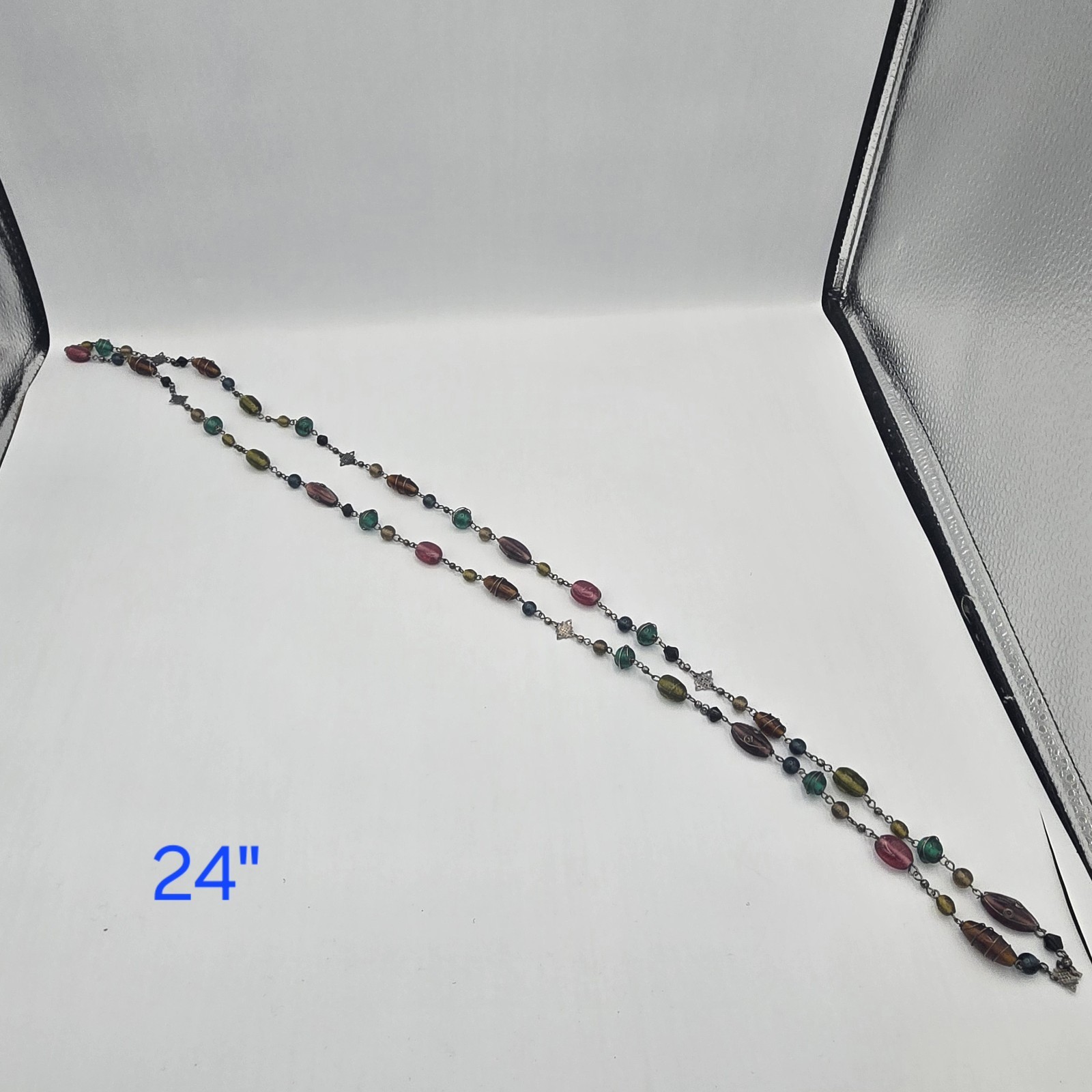 Boho Multicolor Beaded Necklace Long Wire Wrapped Glass Bead Statement Jewelry