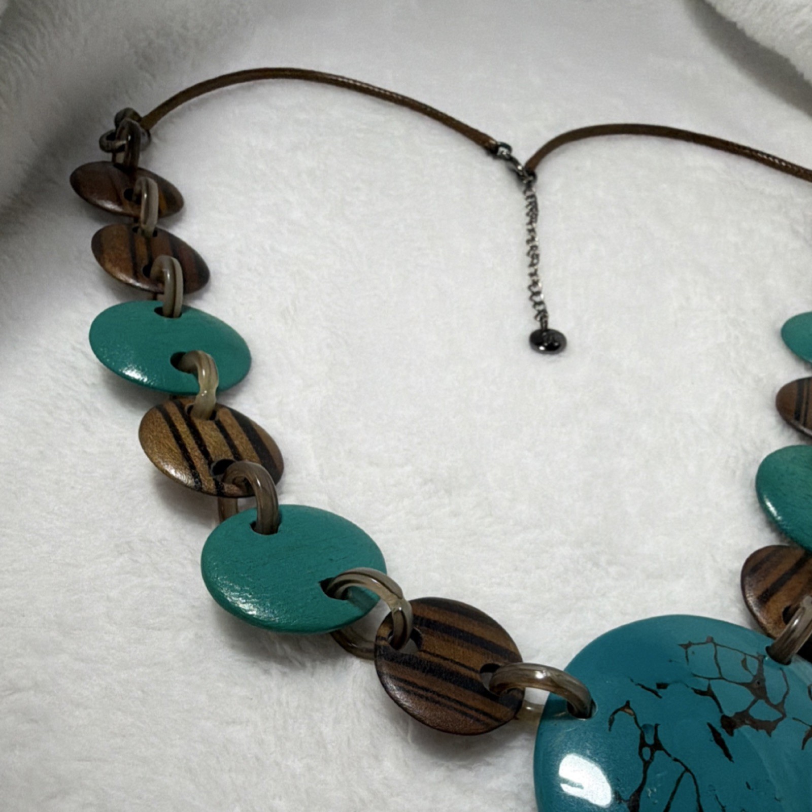 Blue Brown Beaded Statement Necklace Wood Resin Adjustable Lobster 19-24 in