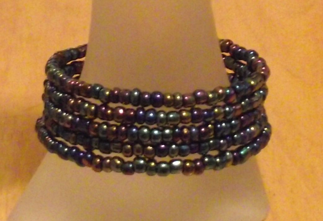 Metallic Black Rainbow Glass Beaded Wrap Bracelet / Coil Beads / USA Made / Gift