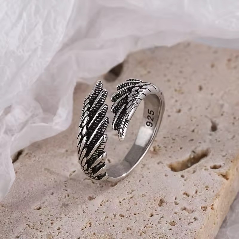 925 Sterling Silver Angel Wing Feather Ring Adjustable Women Wedding Jewelry