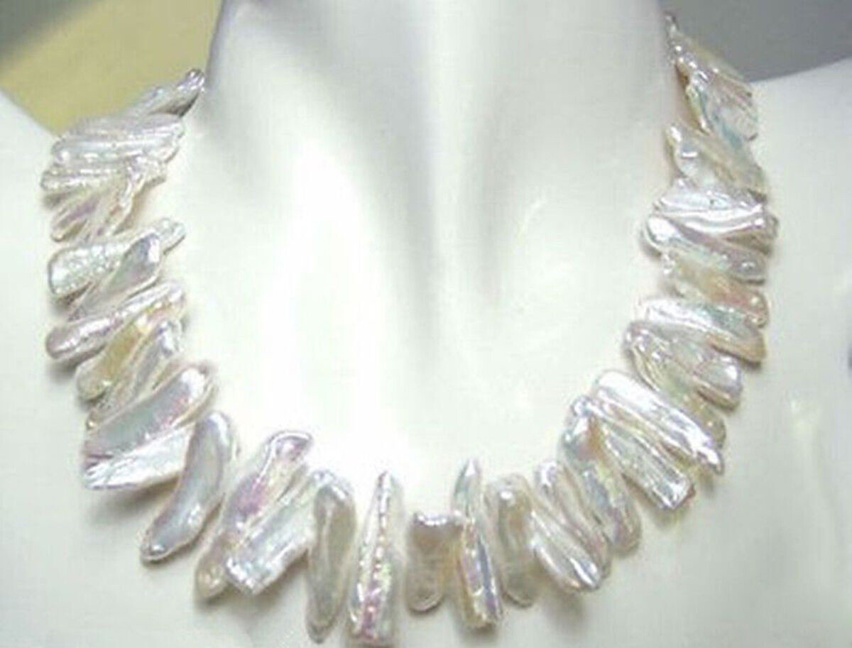Rare abnormal shape 8X16mm natural white biwa pearl necklace fashion jewelry 18″