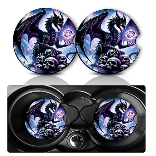 2 Pack Car Cup Holder Coasters 2.75″ Universal Size Anti Slip Dragon and Skulls