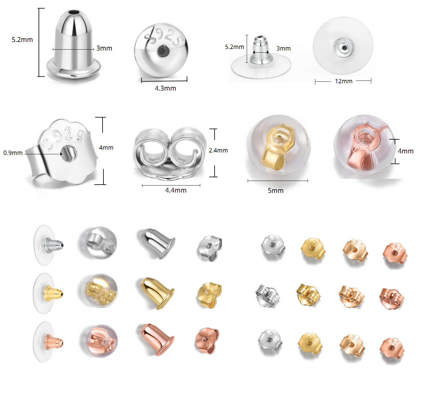 925 Sterling Silver Hypoallergenic Locking Butterfly Earring Backs Silicone Disc