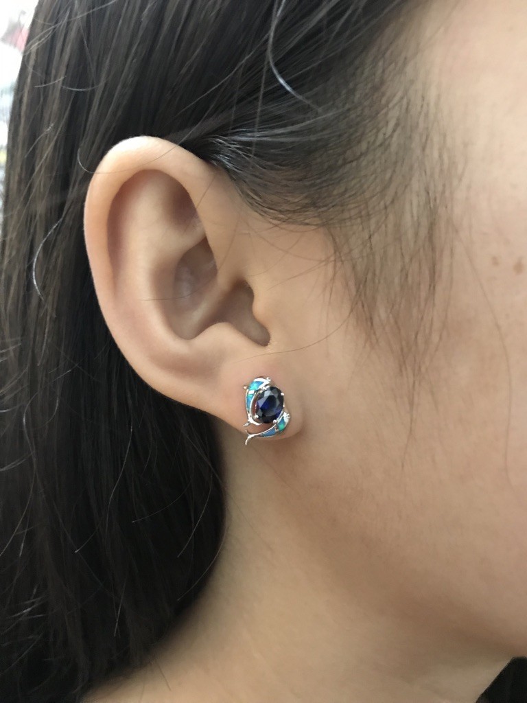 Tanzanite and Blue Fire Opal Inlay Solid 925 Sterling Silver Dolphin Earrings