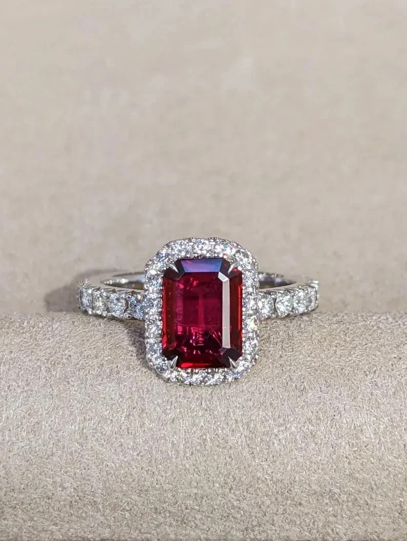 2.20 Ct Emerald Cut Natural Ruby & Diamond Wedding Ring 14K White Gold Size 8