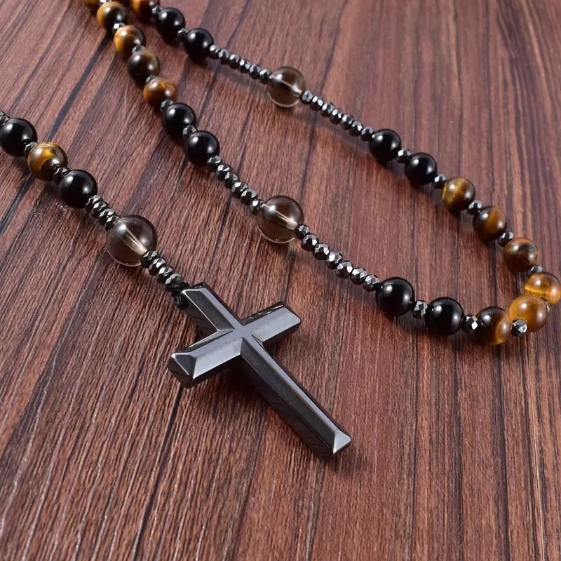 Tiger’s Eye Onyx Beaded Catholic Christ Hematite Cross Pendant Necklace for Men#