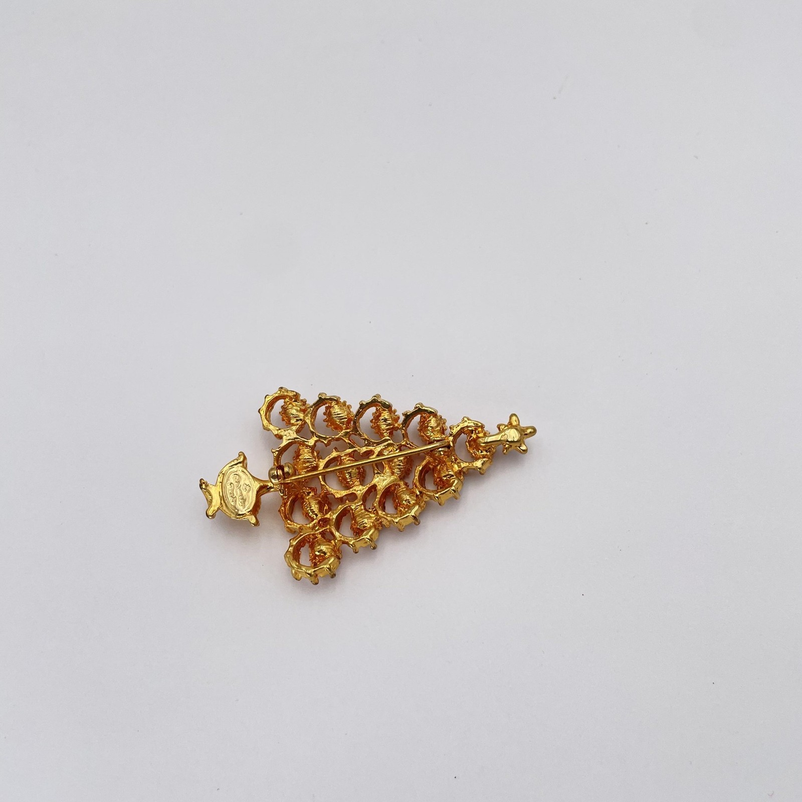 Christopher Radko Christmas Tree Brooch Pin Gold Tone Red Green Clear Rhinestone