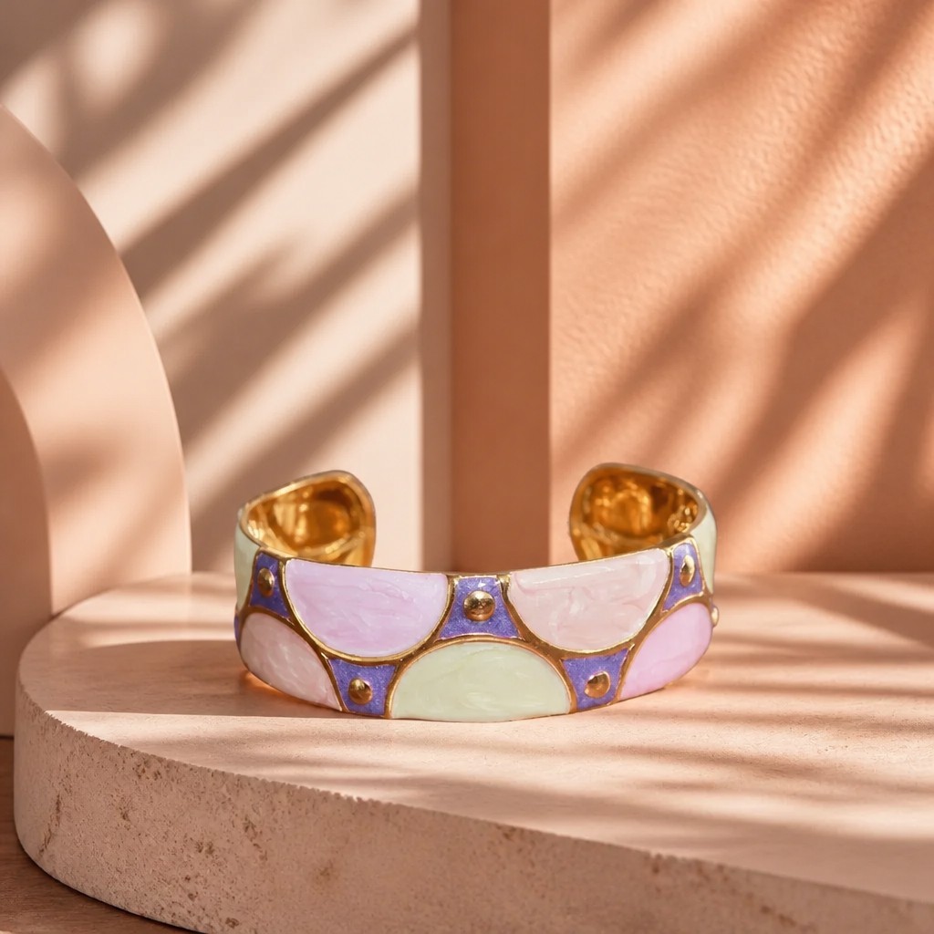 Gold Plated Stainless Steel French Retro Open Cuff Enamel Marble Bangle, S-M