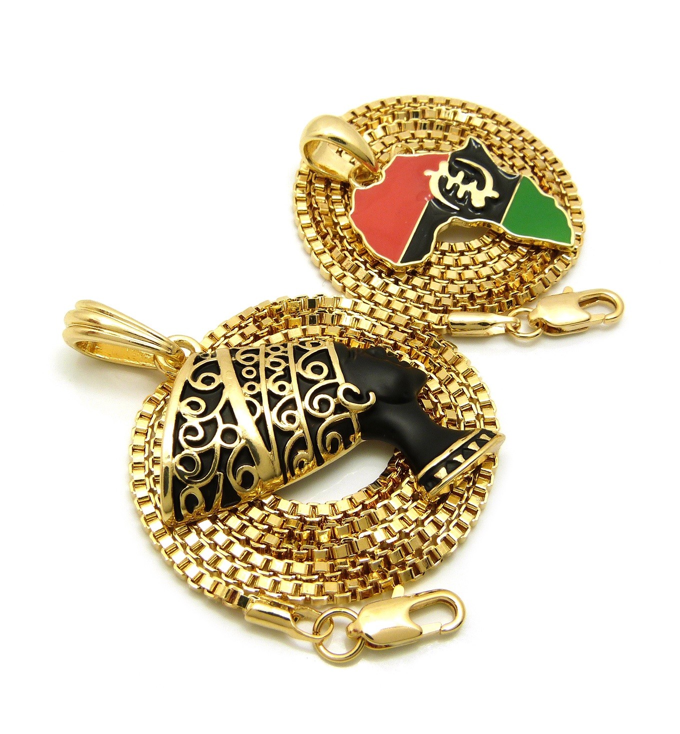 Gye Nyame Africa Map, Nefertiti Pendant 16″- 24″ Box Chain 2 Necklace Set RC3012