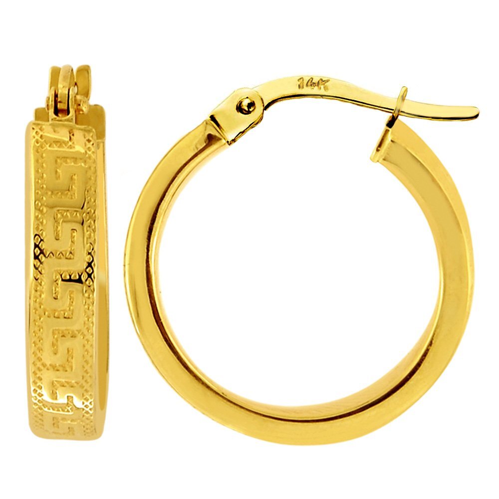 14K Yellow Gold Round Greek Key Hoop Earrings, Diameter 15mm