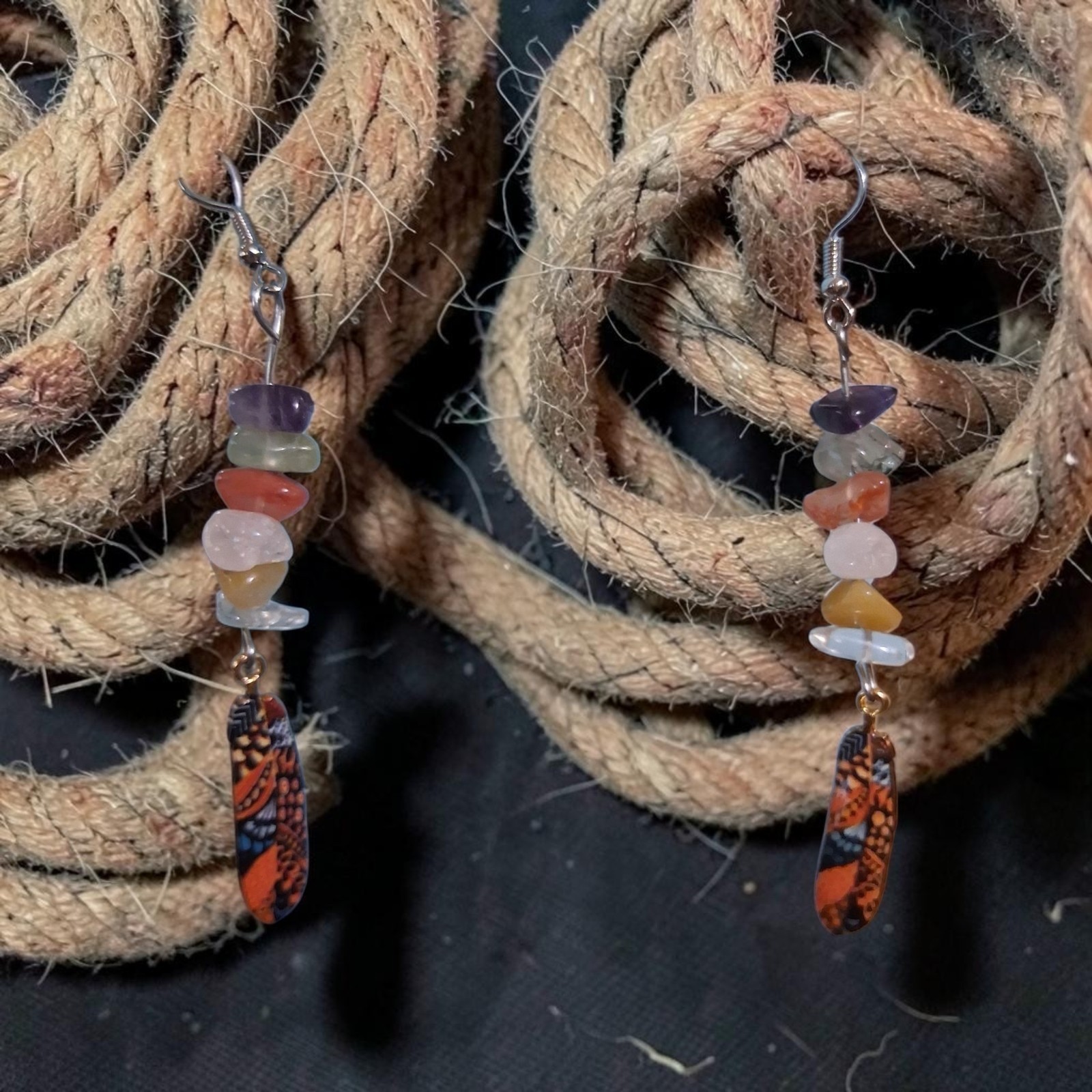 Multicolor Stone Chip Beaded Drop Hook Earrings for Lobe Piercing With Feathers