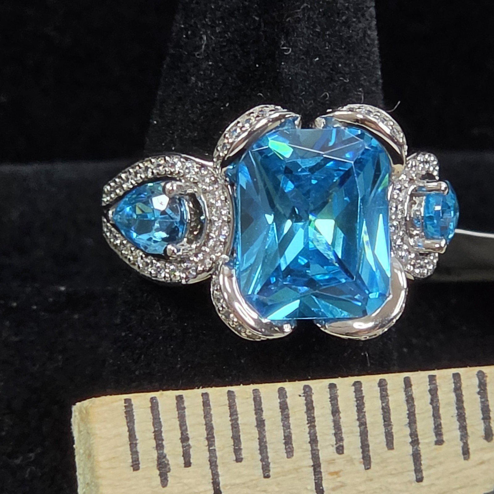 Silver Tone Blue Rectangular Three-Stone Cocktail Ring, Prong Set, Size 6